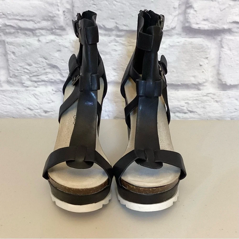 Nature Breeze 8.5 Gladiator Black Wedge Leather Sandals Women’s Cork Shoes